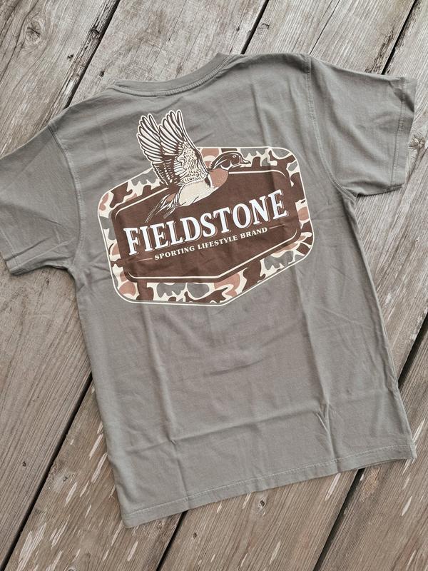 Fieldstone Camo Wood Duck Men's T-Shirt, Sport Hunting Shirt, Graphic Tee, Work Tee, Short Sleeve Cotton Top Menswear