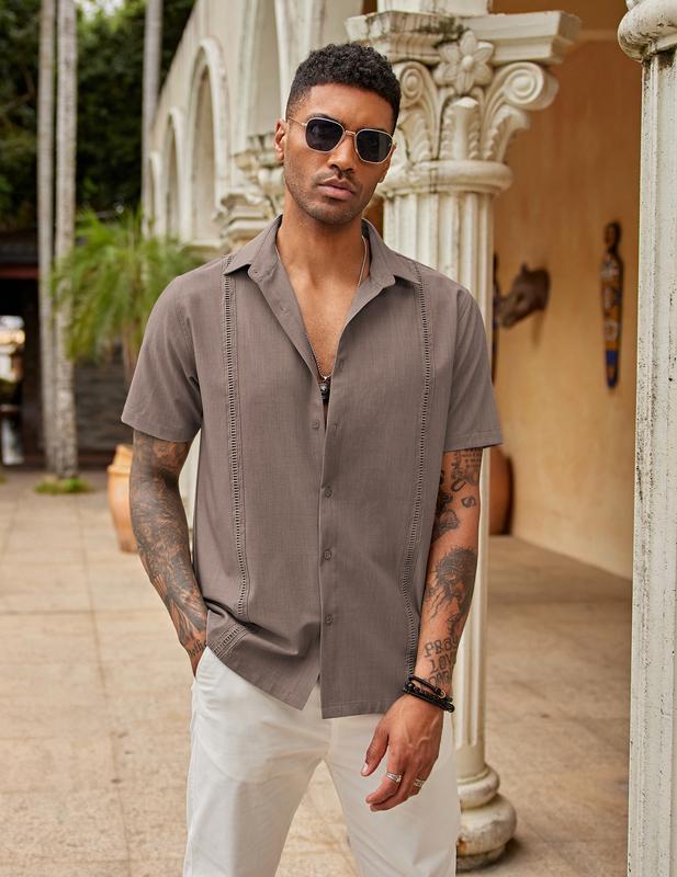 COOFANDY Men's Short sleeved Cuba Guayabera Casual Summer Front Button Casual Business Men's Shirt, Men's Top Underwear, Home Casual Men's Clothing, Front Button Short sleeved Shirt Menswear