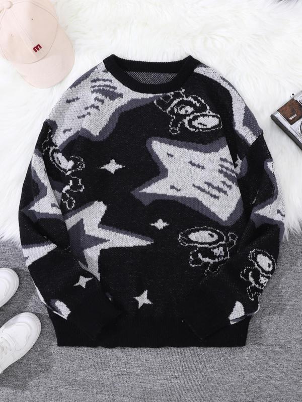 Men's Star & Astronaut Jacquard Round Neck Sweater, Fall Clothes 2024, Casual Regular Fit Long Sleeve Jumper for Spring & Fall, Fashion Men's Knitwear for Daily Wear, Fall Outfits 2024, 2000s Clothes