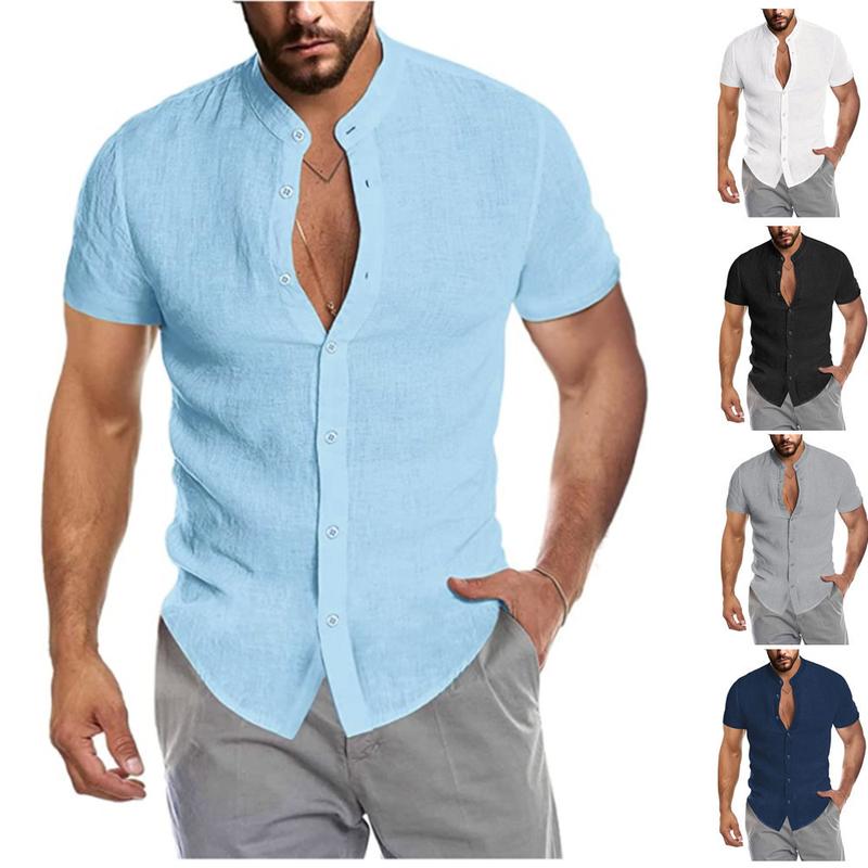 2024 Hot Summer V-neck Linen New Cardigan Stand Collar Men's Short-Sleeve Shirts 2024 Christmas