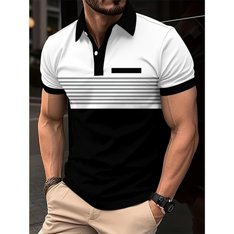 Men's Striped Design Color Block Short Sleeve Lapel Golf Shirt, Casual Style Slight Stretch Regular Version Summer Top, Summer Golf Shirt