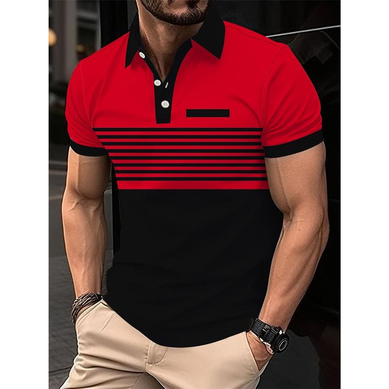 Men's Striped Design Color Block Short Sleeve Lapel Golf Shirt, Casual Style Slight Stretch Regular Version Summer Top, Summer Golf Shirt