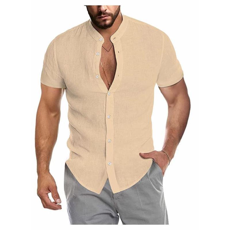 2024 Hot Summer V-neck Linen New Cardigan Stand Collar Men's Short-Sleeve Shirts 2024 Christmas