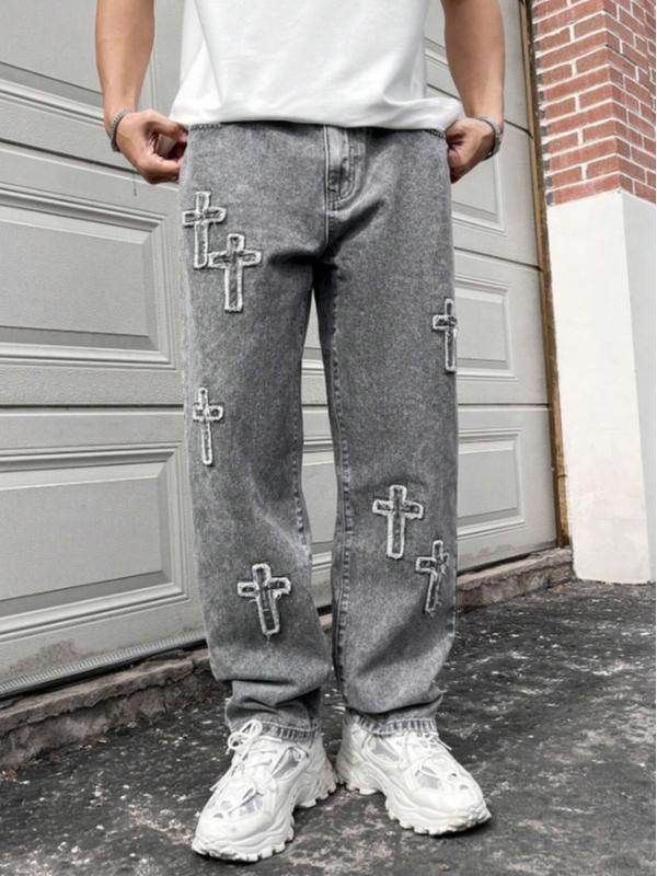 Men's Loose Fit Straight Leg Jeans With Cross Pattern