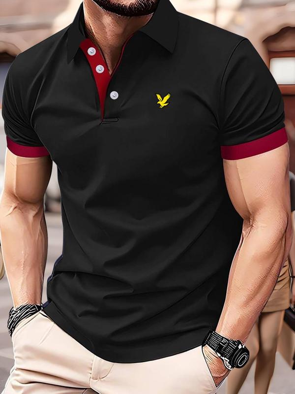 Men's Colorblock Short Sleeve Polo Shirt, Regular Fit Casual Button Front Collared Top for Summer, Fashion Men's Clothes for Daily Wear