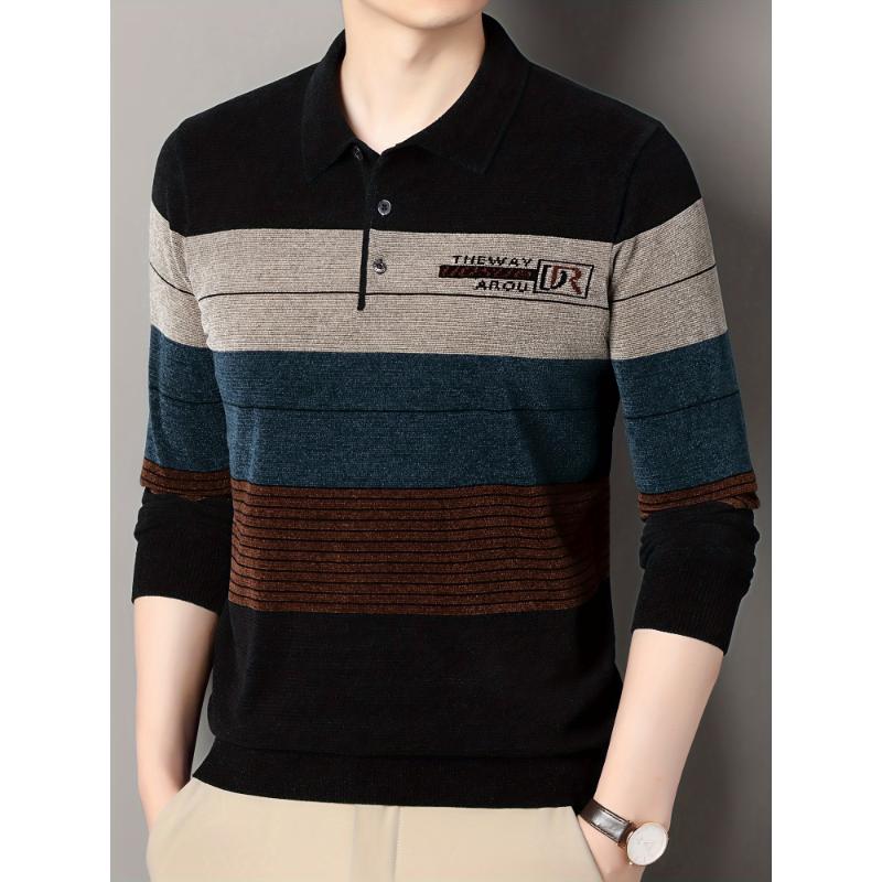 Men's Color Blocking Striped Warm Knit Sweater For Autumn And Winter - Versatile Trendy Long Sleeve Knitted Pullover As Gift Fabric Knitwear