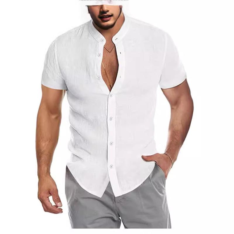 2024 Hot Summer V-neck Linen New Cardigan Stand Collar Men's Short-Sleeve Shirts 2024 Christmas