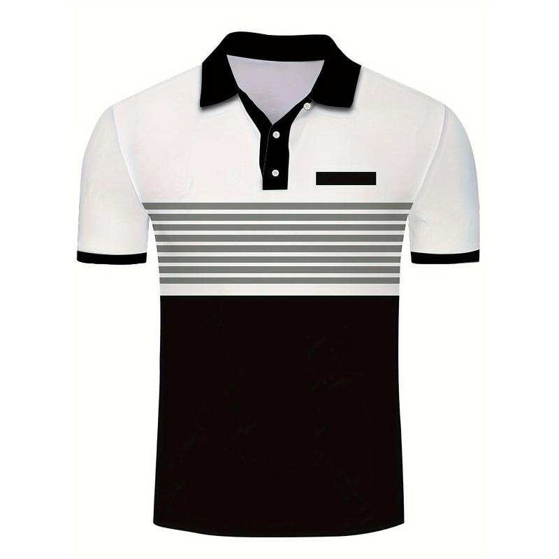 Men's Striped Design Color Block Short Sleeve Lapel Golf Shirt, Casual Style Slight Stretch Regular Version Summer Top, Summer Golf Shirt