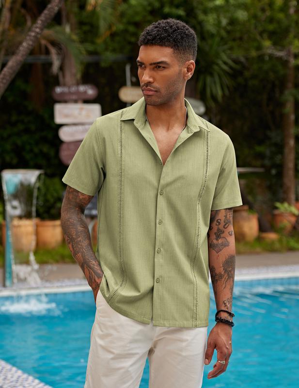 COOFANDY Men's Short sleeved Cuba Guayabera Casual Summer Front Button Casual Business Men's Shirt, Men's Top Underwear, Home Casual Men's Clothing, Front Button Short sleeved Shirt Menswear