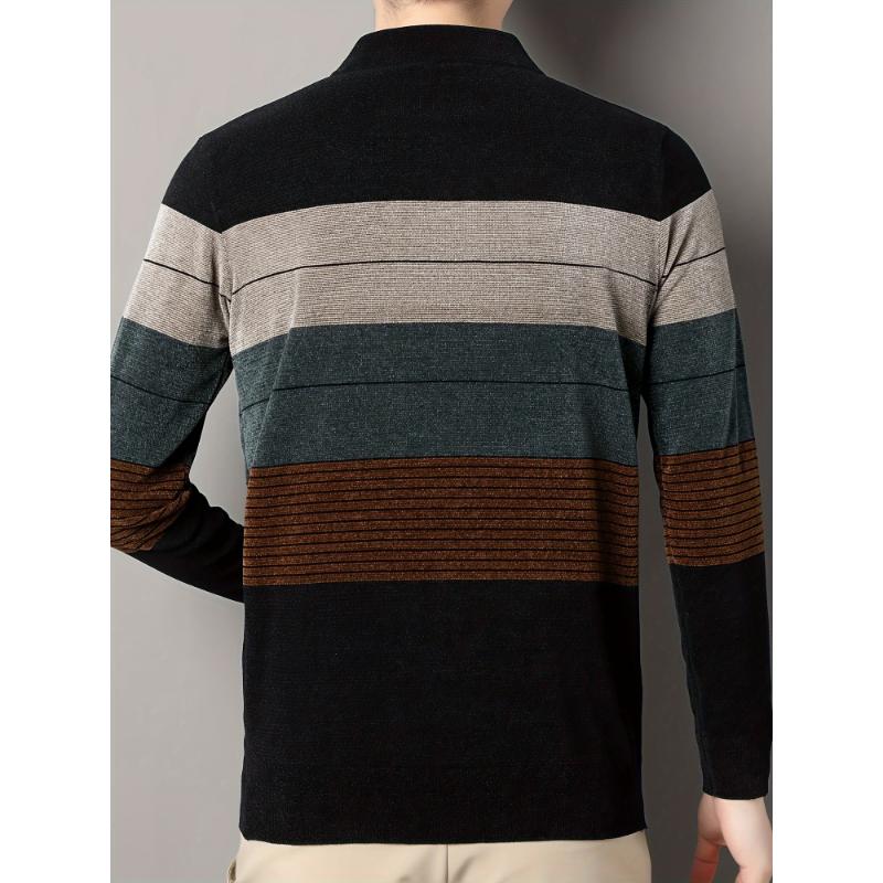 Men's Color Blocking Striped Warm Knit Sweater For Autumn And Winter - Versatile Trendy Long Sleeve Knitted Pullover As Gift Fabric Knitwear