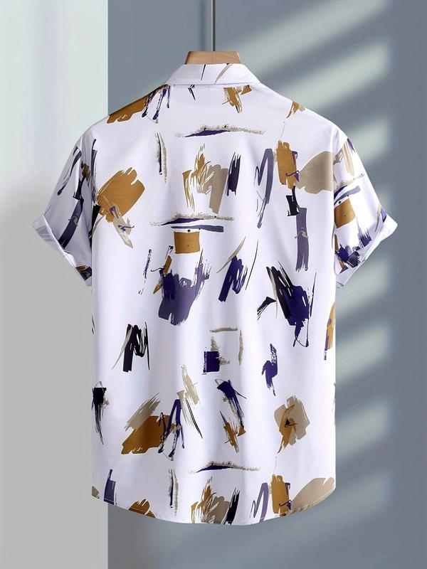 Men's Loose Pop Art Print Button Front Shirt Without Tee & Necklace, Casual Short Sleeve Collar Shirt for Summer, Fashion Men's Clothes for Daily Wear