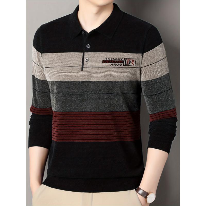 Men's Color Blocking Striped Warm Knit Sweater For Autumn And Winter - Versatile Trendy Long Sleeve Knitted Pullover As Gift Fabric Knitwear