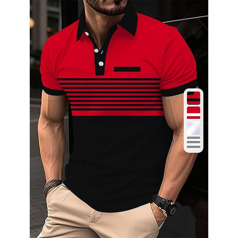 Men's Striped Design Color Block Short Sleeve Lapel Golf Shirt, Casual Style Slight Stretch Regular Version Summer Top, Summer Golf Shirt