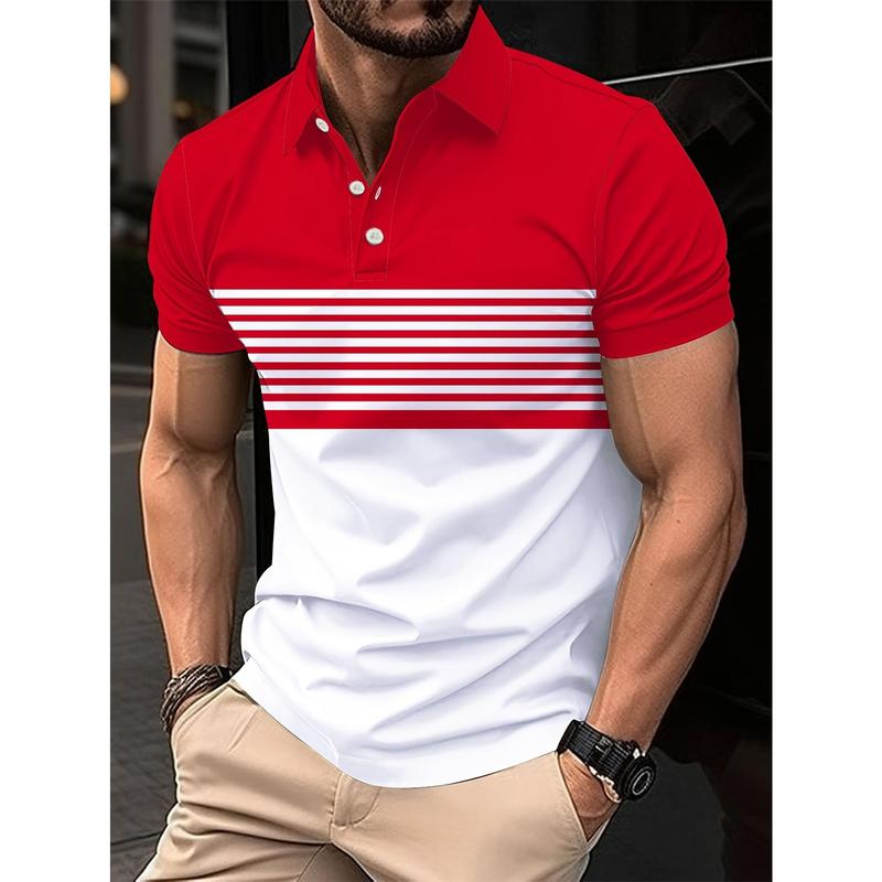 Men's Striped Design Color Block Short Sleeve Lapel Golf Shirt, Casual Style Slight Stretch Regular Version Summer Top, Summer Golf Shirt