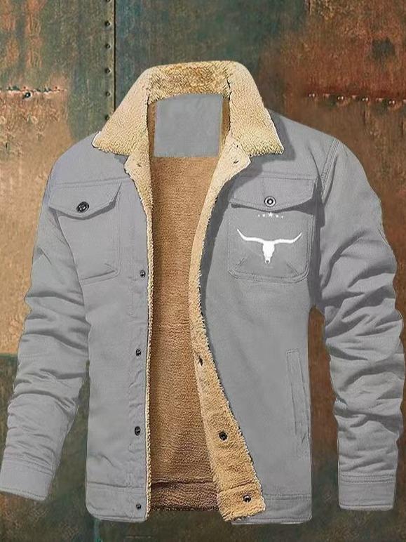 Men's Retro Western Winter Fleece Jacket with Multi-Pocket Design - Menswear, Coats Breathable