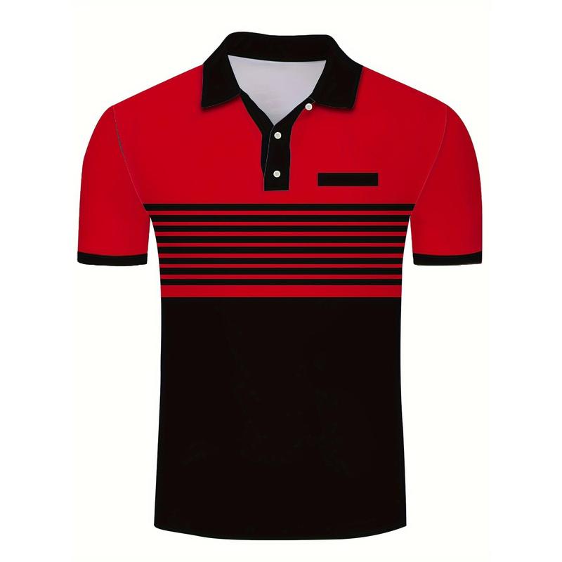 Men's Striped Design Color Block Short Sleeve Lapel Golf Shirt, Casual Style Slight Stretch Regular Version Summer Top, Summer Golf Shirt