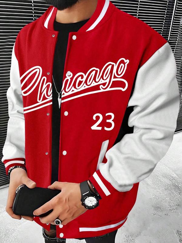 Men's Letter & Number Print Button Front Varsity Jacket, Regular Fit Casual Patchwork Long Sleeve Pocket Outerwear for Fall & Winter,  Men's Clothing, Winter Coats, Men's Designer Clothes for Daily Wear, Fall Outfits, Fallfreshness