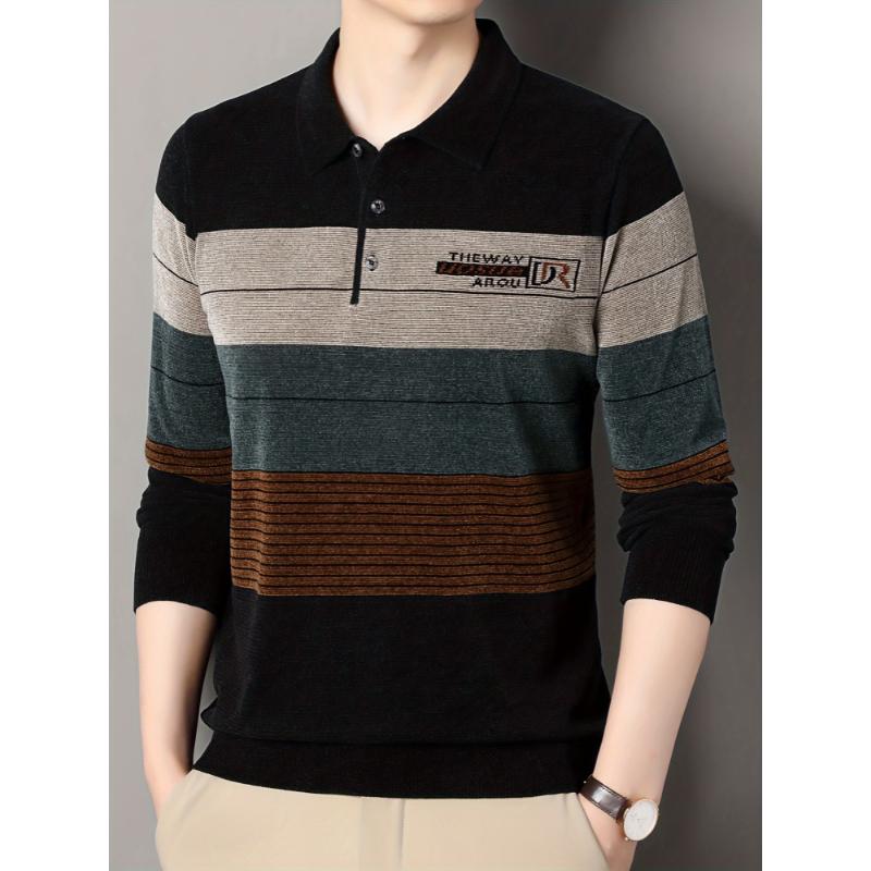 Men's Color Blocking Striped Warm Knit Sweater For Autumn And Winter - Versatile Trendy Long Sleeve Knitted Pullover As Gift Fabric Knitwear