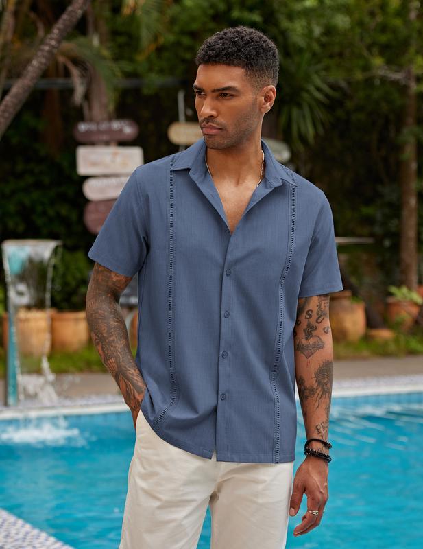 COOFANDY Men's Short sleeved Cuba Guayabera Casual Summer Front Button Casual Business Men's Shirt, Men's Top Underwear, Home Casual Men's Clothing, Front Button Short sleeved Shirt Menswear