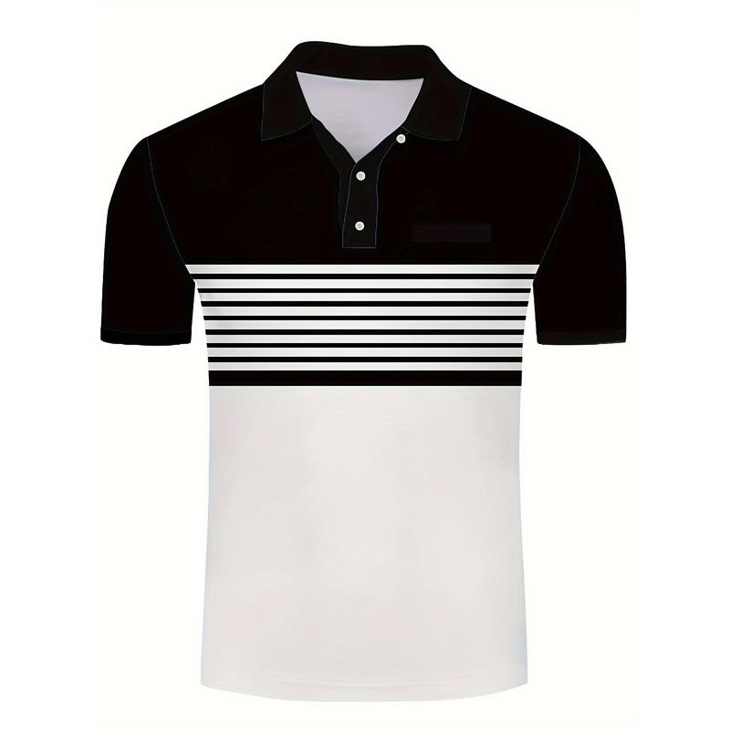 Men's Striped Design Color Block Short Sleeve Lapel Golf Shirt, Casual Style Slight Stretch Regular Version Summer Top, Summer Golf Shirt