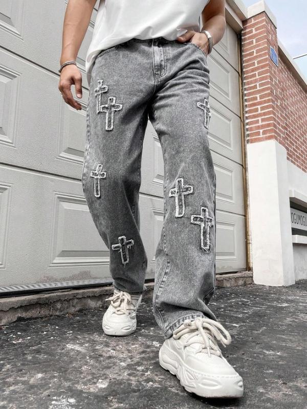 Men's Loose Fit Straight Leg Jeans With Cross Pattern