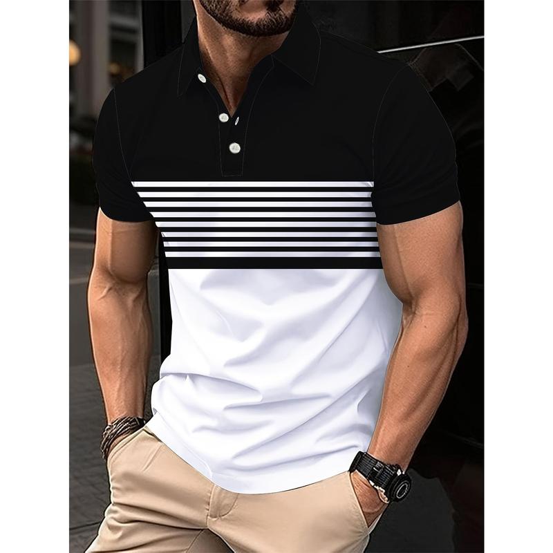 Men's Striped Design Color Block Short Sleeve Lapel Golf Shirt, Casual Style Slight Stretch Regular Version Summer Top, Summer Golf Shirt