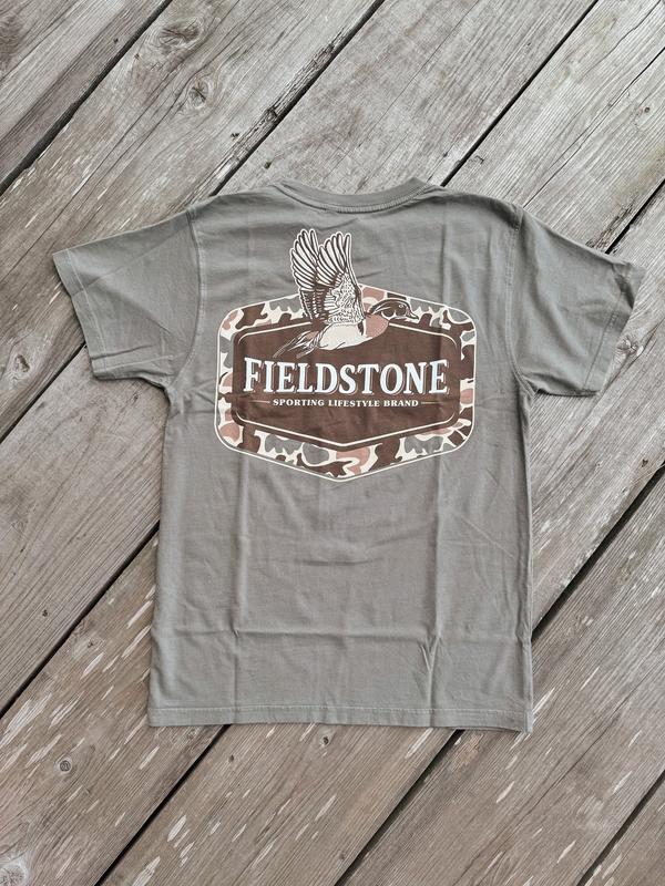 Fieldstone Camo Wood Duck Men's T-Shirt, Sport Hunting Shirt, Graphic Tee, Work Tee, Short Sleeve Cotton Top Menswear