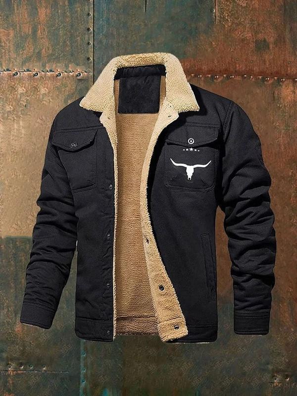 Men's Retro Western Winter Fleece Jacket with Multi-Pocket Design - Menswear, Coats Breathable