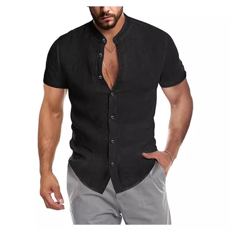 2024 Hot Summer V-neck Linen New Cardigan Stand Collar Men's Short-Sleeve Shirts 2024 Christmas