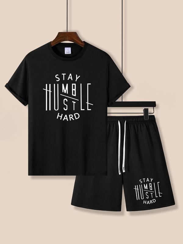 2 Counts Men's Letter Print Shorts Set, Regular Fit Streetwear Crew Neck Short Sleeve T-shirt & Drawstring Pocket Shorts, Back-to-School Clothing, Casual Summer Clothes Set for Daily Wear