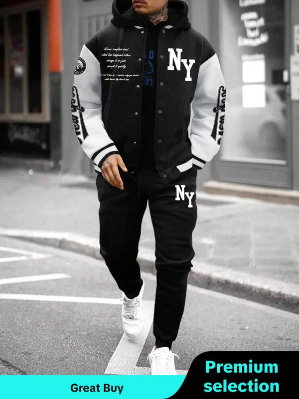 Two-piece Set Men's Letter Print Button Front Varsity Jacket & Elastic Waist Sweatpants, Regular Fit Casual Pocket Long Sleeve Outerwear & Trousers for Daily Wear, Men's Two-piece Outfits for Fall & Winter