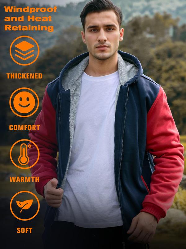 Men's Colorblock Zip Up Plush Hooded Sports Coat, Casual Regular Fit Long Sleeve Drawstring Pocket Outerwear for Fall & Winter, Men's Sportswear for Outdoor Activities