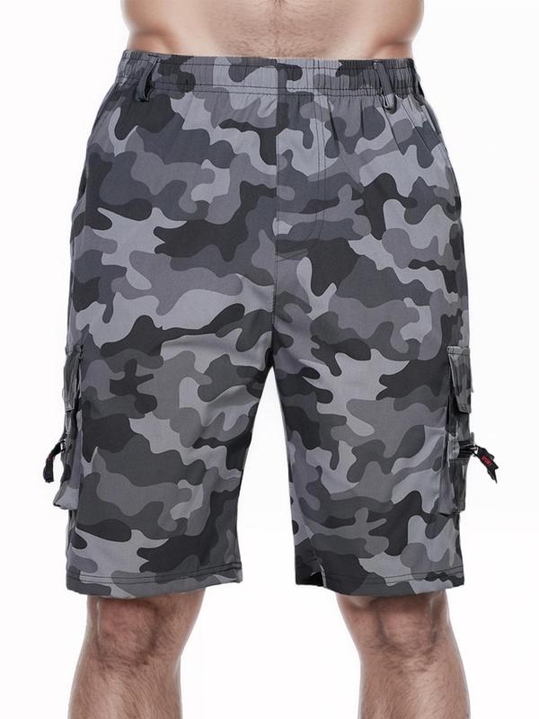 Men's Camo Print Zipper Pocket Cargo Shorts, Regular Fit Casual Elastic Waist Shorts for Summer, Men's Bottoms for Outdoor Daily Wear