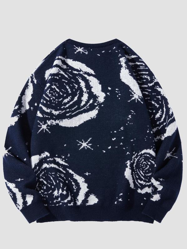 Men's Floral Print Drop Shoulder Sweater, Regular Fit Casual Soft Comfy Long Sleeve Round Neck Jumper for Fall & Winter, Fashion Men's Knitwear for Daily Wear