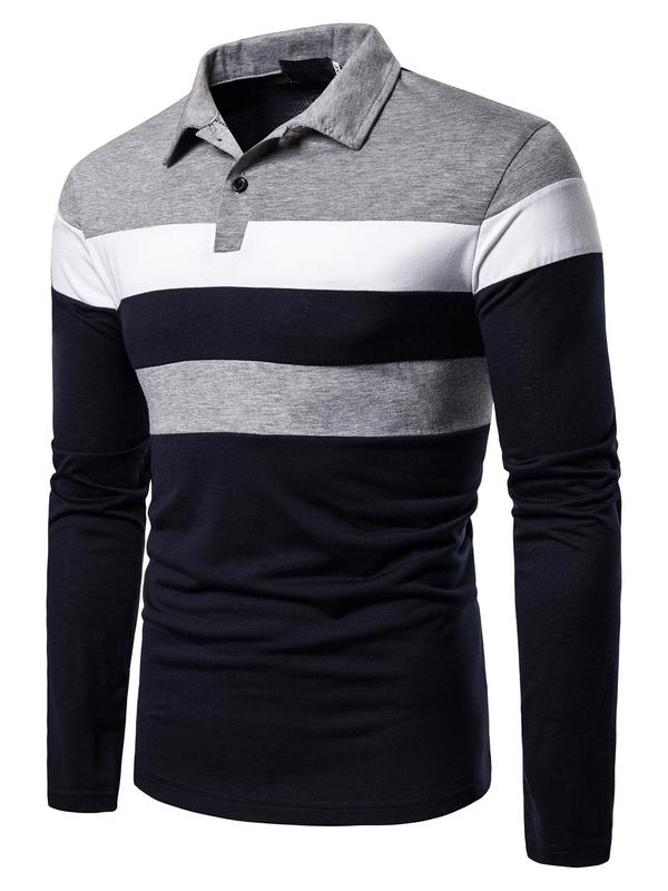 Men's Colorblock Patchwork Polo Shirt, Regular Fit Casual Long Sleeve Button Front Top for Fall & Winter, Men's Clothes for Daily Wear