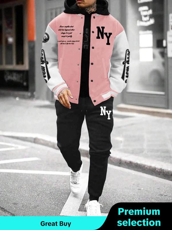 Two-piece Set Men's Letter Print Button Front Varsity Jacket & Elastic Waist Sweatpants, Regular Fit Casual Pocket Long Sleeve Outerwear & Trousers for Daily Wear, Men's Two-piece Outfits for Fall & Winter