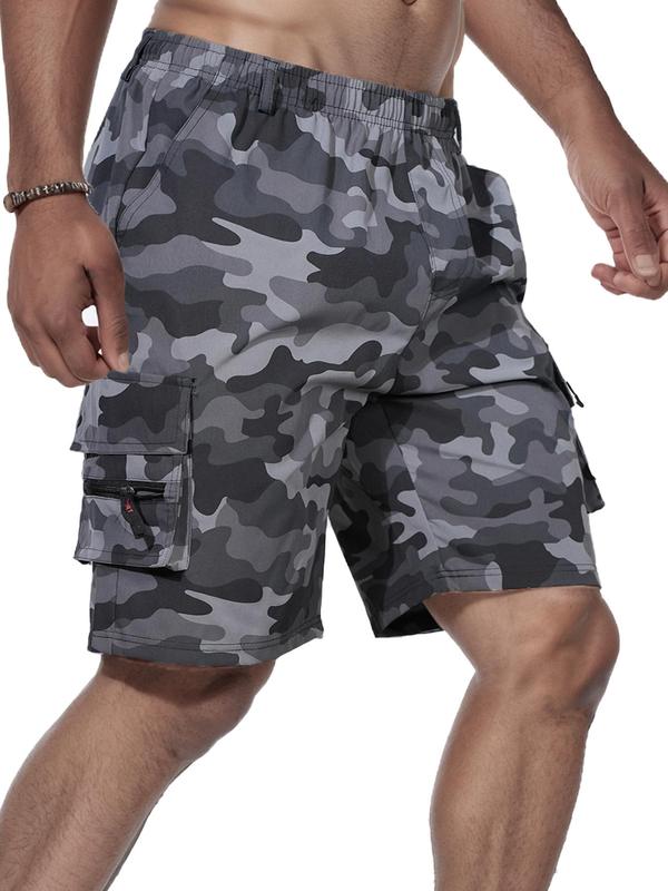 Men's Camo Print Zipper Pocket Cargo Shorts, Regular Fit Casual Elastic Waist Shorts for Summer, Men's Bottoms for Outdoor Daily Wear