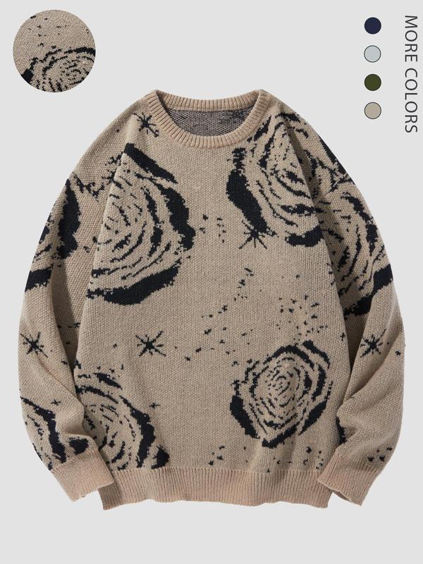 Men's Floral Print Drop Shoulder Sweater, Regular Fit Casual Soft Comfy Long Sleeve Round Neck Jumper for Fall & Winter, Fashion Men's Knitwear for Daily Wear