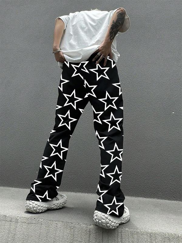 Men's All Over Star Print Drawstring Waist Straight Leg Pants, Casual Comfy Pocket Trousers for Daily Wear, Men's Bottoms for All Seasons