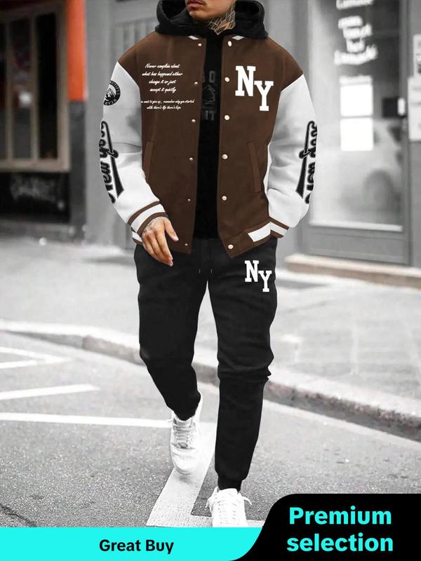 Two-piece Set Men's Letter Print Button Front Varsity Jacket & Elastic Waist Sweatpants, Regular Fit Casual Pocket Long Sleeve Outerwear & Trousers for Daily Wear, Men's Two-piece Outfits for Fall & Winter