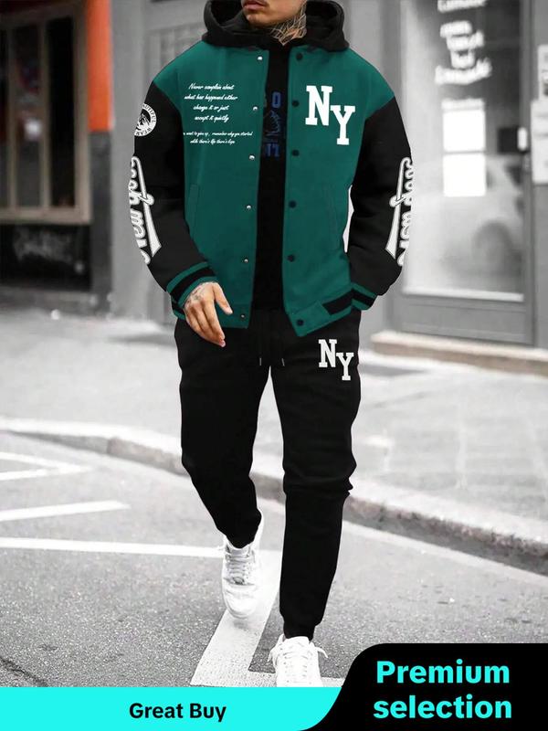 Two-piece Set Men's Letter Print Button Front Varsity Jacket & Elastic Waist Sweatpants, Regular Fit Casual Pocket Long Sleeve Outerwear & Trousers for Daily Wear, Men's Two-piece Outfits for Fall & Winter