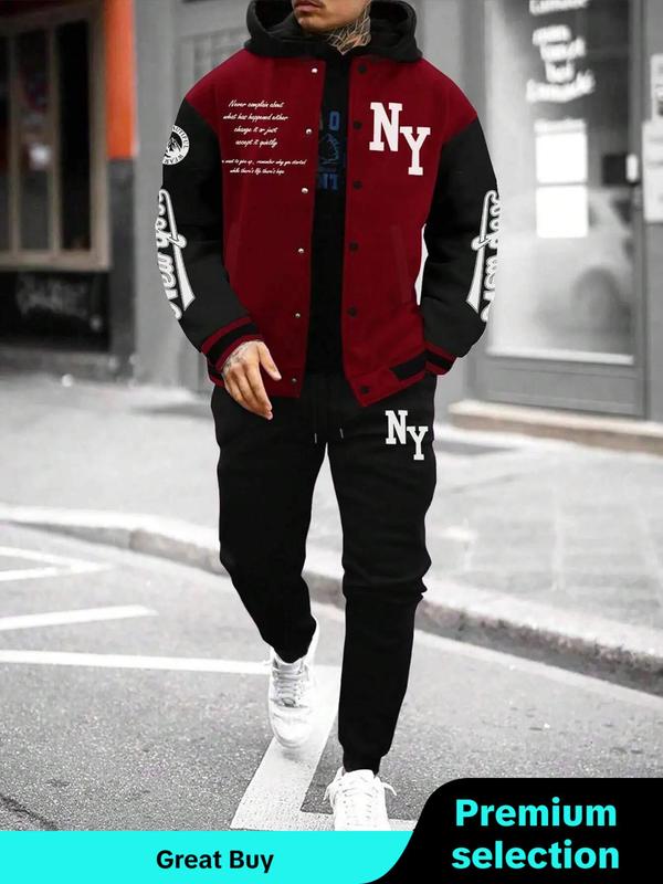 Two-piece Set Men's Letter Print Button Front Varsity Jacket & Elastic Waist Sweatpants, Regular Fit Casual Pocket Long Sleeve Outerwear & Trousers for Daily Wear, Men's Two-piece Outfits for Fall & Winter