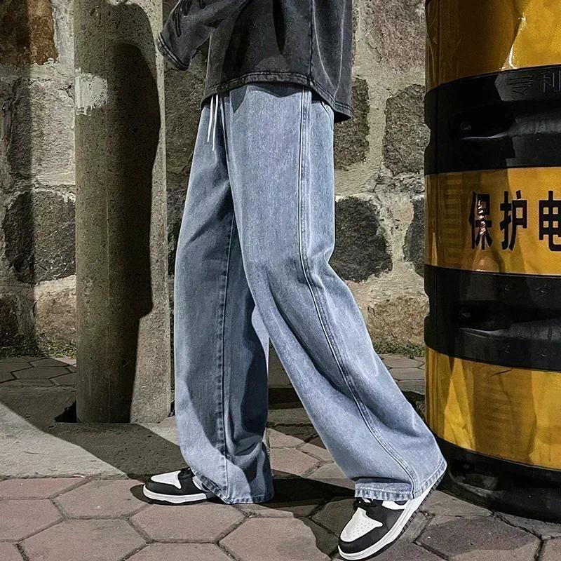 2024 New Streetwear Loose Jeans Men Korean Style Fashion Loose Straight Wide Leg Pants Men's Brand Clothing Black Light Blue