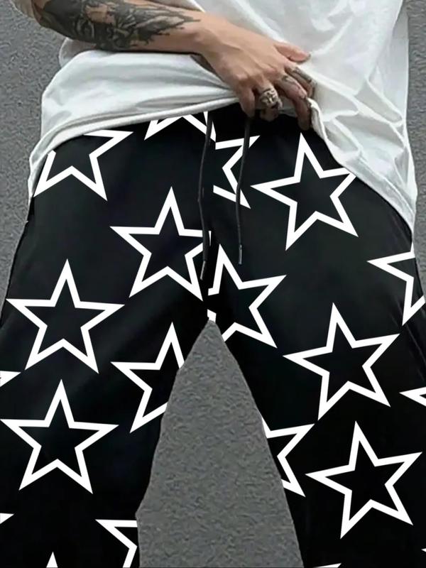 Men's All Over Star Print Drawstring Waist Straight Leg Pants, Casual Comfy Pocket Trousers for Daily Wear, Men's Bottoms for All Seasons