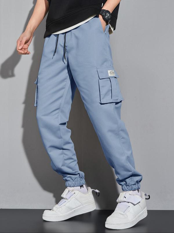 Men's Letter Patched Pocket Cargo Pants, Stylish Loose Drawstring Trousers, Drippy Outfits, Going Out Outfit, 2000s Pants, Menswear Clothing, Men's Clothing Outfits