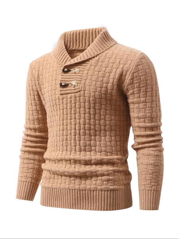 Men's Solid Waffle Knit Double Button Pullover, Casual Long Sleeve Collared Jumper for Fall & Winter, Men's Knitwear for Daily Wear