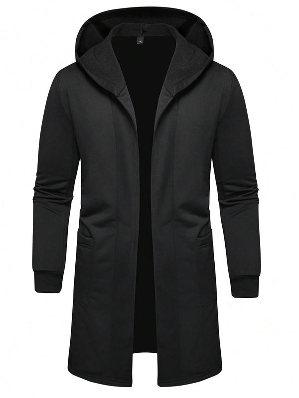 Men's Solid Pocket Hooded Coat, Casual Long Sleeve Open Front Outerwear for Fall & Winter, Men's Clothes for Daily Wear