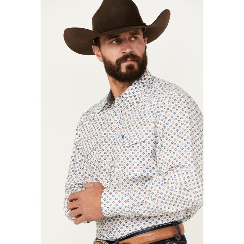 Rodeo Men's Clothing Southwestern Geo Print Long Sleeve Pearl Snap Western Shirt - Ps100l-166