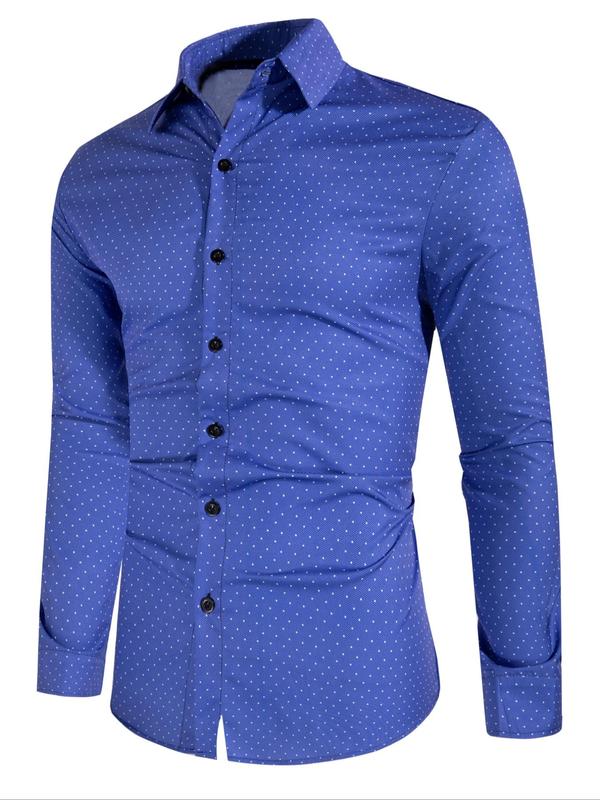 Men's Regular Fit Polka Dot Print Button Front Shirt, Long Sleeve Collared Button Up Top For All Seasons, Men's Clothes For Casual Daily Wear