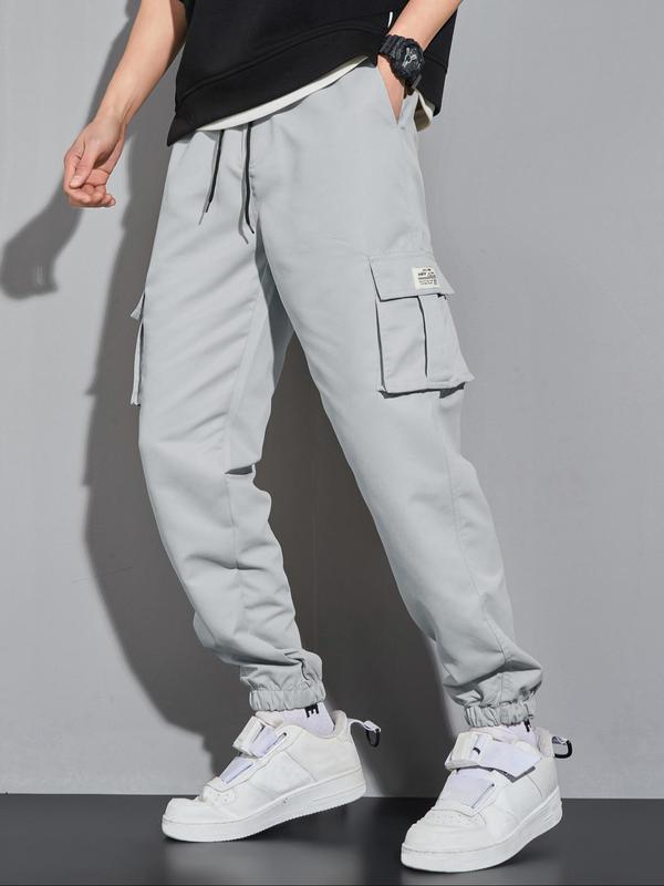 Men's Letter Patched Pocket Cargo Pants, Stylish Loose Drawstring Trousers, Drippy Outfits, Going Out Outfit, 2000s Pants, Menswear Clothing, Men's Clothing Outfits